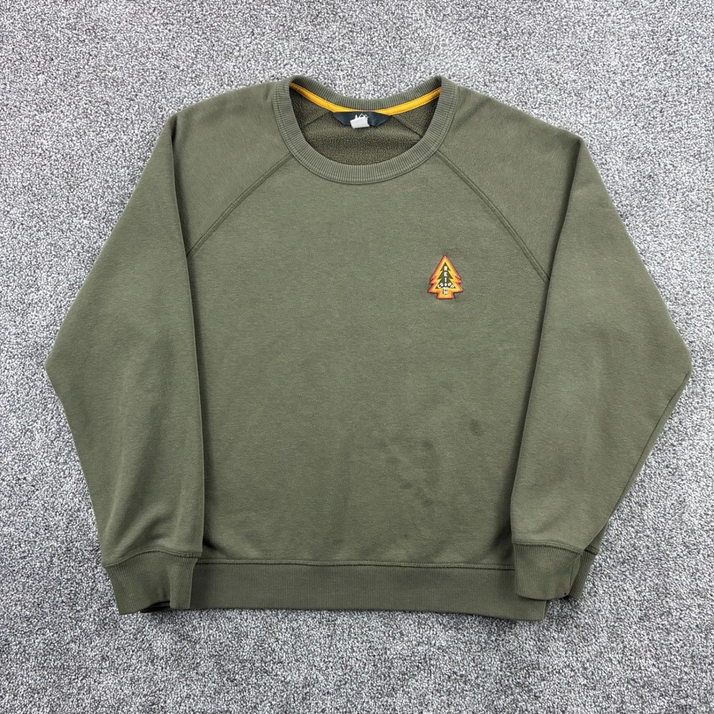 REI CO-OP Sweatshirt Mens Large Green Embroidered Patch Raglan Cut Gorpcore